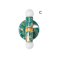 Mermaid green, cream, and gold marbled Thalia sconce option C with a glossy round backplate, brass center band, and two white globe bulbs. Compact high impact wall or ceiling light for a pretty powder room, feminine bathroom, pastel interior design, modern eclectic decor, or colorful hallway lighting.