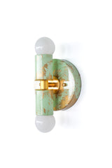 A close product photo of the Small Thalia Sconce in a mint, cream, and gold hand-marbled finish, shown in three unique variations to highlight the handmade patterning. The small two-bulb wall light has a soft, decorative look that works well in powder rooms, kids bathrooms, colorful hallways, and vanity spaces. Its pale green marbling, warm gold hardware, and compact shape make it a sweet fit for chinoiserie decor, grandmillennial style, and muted maximalist interiors.