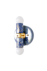 Close-up view of the Thalia sconce featuring a marbled blue-and-cream surface with gold accents and polished brass hardware. The clean geometric silhouette makes it easy to use in bathrooms, hallways, bedrooms, and powder rooms.