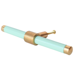 Pastel aqua and brass linear drawer pull.  Center mount installation drawer pull with color and brass accents.  Sophisticated colorful bathroom, dresser, vanity, or desk drawer pull.  