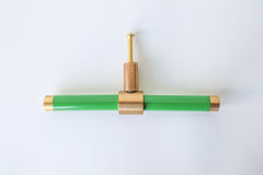 Bright Green and brass modern drawer pull.  Add color to cabinets with brass accents with the Piety drawer pulls by sazerac stitches.  Available in over 30 colors with the option to customize. Center mount installation drawer pull with color and brass accents.  Sophisticated colorful bathroom, dresser, vanity, or desk drawer pull.  