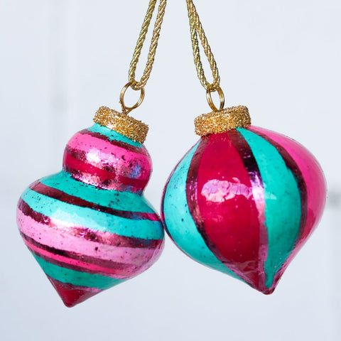 Pink & Green Striped Ornaments Set