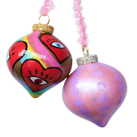 Pink & Purple Dot & Rainbow Heart Eyes Painted Ornaments Set