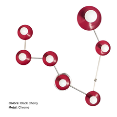 Pisces star sign wall light in deep black cherry red and chrome, constellation style sconce with round powder coated steel discs and glowing white globe bulbs, modern sculptural statement fixture with mid century modern vibes and artsy maximalist energy, perfect for a pretty powder room, feminine bathroom lighting, bold eclectic home decor, colorful designer bathroom vanity sconce, astrology inspired wall fixture for personality filled interiors