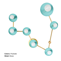 Pisces zodiac constellation wall sconce in Poolside aqua blue with brass hardware, featuring glossy powder-coated steel disc shades and frosted globe bulbs arranged like a star map; modern celestial lighting for a playful bathroom vanity, powder room accent, eclectic bedroom, kids room decor, or maximalist interior design.