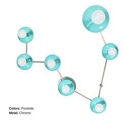 Statement Pisces star-sign wall light with chrome hardware and poolside Tiffany blue-like powder-coated steel discs, constellation-inspired branching design with globe bulbs; decorative modern sconce for a personality-packed bathroom mirror area, colorful powder room, creative studio, or teen bedroom, great for dopamine decor, maximalist styling, modern eclectic homes, and bold color interior design.