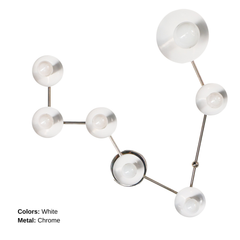 Statement Pisces star-sign wall light with chrome hardware and white powder-coated steel discs, constellation-inspired branching design with globe bulbs; decorative modern sconce for a personality-packed bathroom mirror area, colorful powder room, creative studio, or teen bedroom, great for dopamine decor, maximalist styling, modern eclectic homes, and bold color interior design.