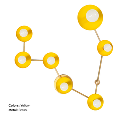 Pisces zodiac wall sconce in glossy sunshine yellow powder coated steel with warm brass arms, constellation inspired star sign light fixture with sculptural discs and white globe bulbs, bold modern lighting for a maximalist bathroom vanity, whimsical powder room, colorful entryway, or eclectic bedroom wall lighting