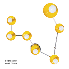 Statement Pisces star-sign wall light with chrome hardware and yellow powder-coated steel discs, constellation-inspired branching design with globe bulbs; decorative modern sconce for a personality-packed bathroom mirror area, colorful powder room, creative studio, or teen bedroom, great for dopamine decor, maximalist styling, modern eclectic homes, and bold color interior design.