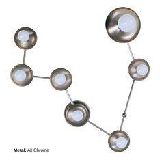 Pisces zodiac wall sconce in polished chrome with a branching constellation silhouette, featuring multiple small white globe bulbs on reflective metal disc backplates; modern sculptural wall light for a statement powder room, maximalist bathroom vanity lighting, eclectic entryway or hallway, mid century modern inspired star sign fixture with crisp geometric arms and gallery style presence.