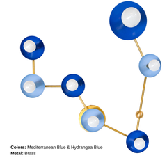 Pisces constellation wall sconce in Mediterranean blue and hydrangea blue with warm brass arms and details, featuring powder-coated steel disc shades and globe bulbs in a star-map inspired layout; bold celestial lighting for a bathroom vanity, powder room, entryway, or bedroom, perfect for eclectic and maximalist interiors, mid century modern style homes, coastal-inspired blues, and anyone who wants a zodiac light fixture that is playful and not basic.