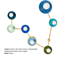 Studio product photo of Pisces zodiac sconce with constellation layout, powder-coated steel discs in mixed blues and greens paired with warm brass hardware and white globe bulbs; bold celestial wall lighting for a statement powder room, colorful bathroom vanity lighting, funky modern entryway sconce, or playful kids bedroom decor, perfect for design lovers who want artful, sculptural, mid century modern inspired lighting.