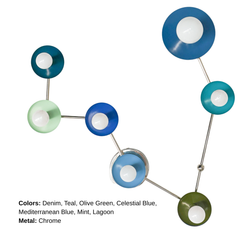 Front view of Pisces constellation-inspired wall light featuring powder-coated steel disc shades in layered blues and greens with white globe bulbs and shiny chrome rods; sculptural zodiac wall sconce for a fun bathroom fixture with personality, colorful modern lighting for a gallery wall, powder room, entryway, or nursery, ideal for eclectic interiors, maximalist decor, and mid century modern style homes.