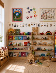 A bright, family-friendly playroom featuring the rainbow Gemini One sconce styled above low wooden bookshelves filled with children’s books, wooden toys, and colorful play objects. Framed rainbow artwork, animal flashcards, and natural wood finishes give the space a cheerful, organized feel. Montessori style playroom with rainbow organized toys and art and colorful playroom decor. Family playroom ideas, wooden storage, whimsical nursery lighting.