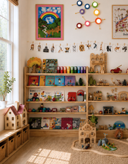 A wide view of a sunny kids playroom with the rainbow Gemini One sconce mounted above open wooden shelving filled with books, dolls, trains, and natural toys. The room blends neutral walls, woven textures, and light wood with playful rainbow decor for a look that feels creative, cozy, and family-oriented. Neutral playroom with colorful accents, Montessori toy room with wood shelving, rainbow playroom décor, kids bookshelf and toys, kids bookshelf styling, wooden toys nursery, statement rainbow lighting for 