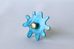 Cyan Blue Pearl Acrylic and brass drawer pull in paint splat shape