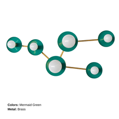 Studio product photo of the Taurus constellation wall sconce by Sazerac Stitches, shown in Mermaid Green powder-coated steel discs with warm brass arms. The sculptural star-map layout uses two larger circular discs with larger frosted globe bulbs and three smaller star discs with smaller globe bulbs, creating a modern graphic constellation pattern. Clean white background with generous negative space, ideal for searches like green wall sconce, emerald or teal bathroom lighting, brass and green sconce, mid ce