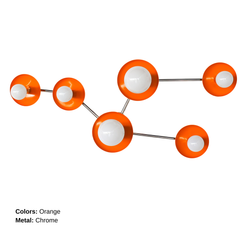 Studio product photo of the Sazerac Stitches Taurus sconce, a constellation-inspired sculptural wall light with six circular “star” discs and white globe bulbs. Shown in a vivid orange powder-coated steel colorway with sleek chrome arms and a chrome backplate on a clean white background. Graphic, modern, and statement-making, it works as mid-century modern wall art lighting for a bathroom vanity, hallway, bedroom, staircase, or entryway. Ideal for searches like orange wall sconce, chrome wall light, modern 