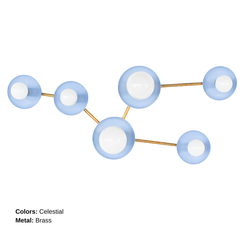 Taurus constellation wall sconce in Celestial Blue with warm brass arms and white globe bulbs, handmade in New Orleans by Sazerac Stitches. A sculptural celestial wall light for pastel interiors, dreamy bedrooms, nurseries, hallways, or a pretty powder room.