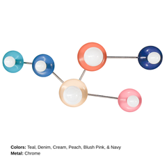 Multicolor Taurus sconce with chrome hardware and white globe bulbs, designed to mimic the stars of the Taurus constellation. A playful modern wall light in aqua, blue, coral, cream, pink, and deep blue.