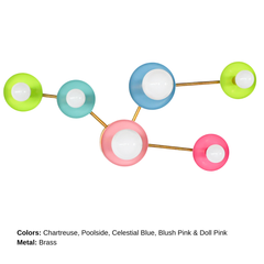 Colorful Taurus constellation wall sconce with brass arms and powder-coated star discs in chartreuse, poolside aqua, celestial blue, blush pink, and doll pink, finished with white globe bulbs. Handmade in New Orleans by Sazerac Stitches for statement hallway, entryway, or staircase lighting.