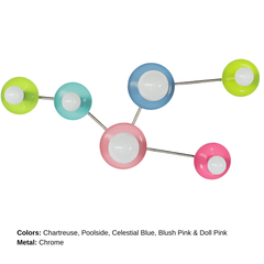 Colorful Taurus constellation wall sconce with chrome arms and powder-coated star discs in chartreuse, poolside aqua, celestial blue, blush pink, and doll pink, finished with white globe bulbs. Handmade in New Orleans by Sazerac Stitches for statement hallway, entryway, or staircase lighting.