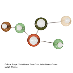 Earthy multicolor Taurus sconce with chrome hardware and white globe bulbs, designed to mimic the stars of the Taurus constellation. A playful modern wall light in brown, sage green, olive green, cream, and coral-toned discs.