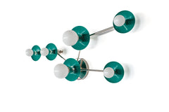 Studio product photo of the Taurus constellation wall sconce by Sazerac Stitches in Mermaid Green powder-coated steel discs paired with polished chrome arms. A constellation-inspired arrangement of circular star discs and frosted globe bulbs includes two larger discs with larger globes and three smaller discs with smaller globes, forming a crisp modern star pattern on a clean white background. Great inspo for searches like green and chrome wall sconce, teal bathroom vanity lighting, modern constellation sco