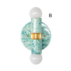 Teal and cream marbled Thalia wall sconce, small two-light fixture with glossy swirled pattern and metal hardware, ideal for a bathroom sconce pair, vanity lighting, or bold hallway lighting