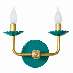 emerald green and brass two light wall sconce for bedrooms, dining rooms, bathrooms, etc.  Scalloped details with raw brass hardware.