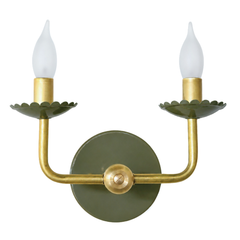 Olive green and brass two light feminine wall sconce with brass details and candelabra sockets. Modern with antique nod.  Colorful and interesting. 