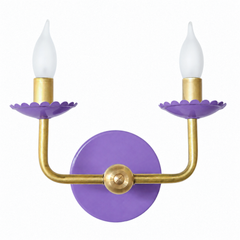 pastel purple and brass two light wall sconce with feminine scalloped details. Great for small bathrooms, hallways, dining rooms, and more.