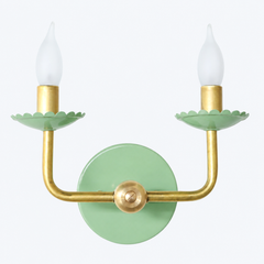 vista green and brass wall sconce with two lights, scalloped details, brass hardware. Great feminine and neutral pastel wall sconce perfect for small bathrooms, hallways, and mroe. 
