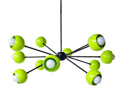 Black and Chartreuse Green sputnik style chandelier with globe shades.  Modern and neon colored chandelier.  Mid century modern style