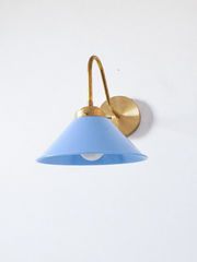 Pastel Blue and Brass modern cone wall sconce. Farmhouse style wall light for bookcases, bathrooms, and more.  Modern traditional or industrial style wall sconce that adds color. 