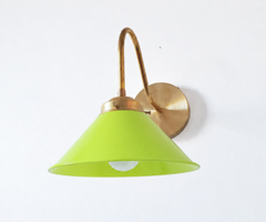 Chartreuse and Brass modern cone wall sconce. Farmhouse style wall light for bookcases, bathrooms, and more.  Modern traditional or industrial style wall sconce that adds color. 