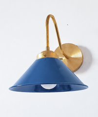 Navy and Brass modern cone wall sconce. Farmhouse style wall light for bookcases, bathrooms, and more.  Modern traditional or industrial style wall sconce that adds color. 
