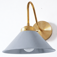 Grey and Brass modern cone wall sconce. Farmhouse style wall light for bookcases, bathrooms, and more.  Modern traditional or industrial style wall sconce that adds color. 