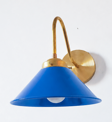 Mediterranean Blue and Brass modern cone wall sconce. Farmhouse style wall light for bookcases, bathrooms, and more.  Modern traditional or industrial style wall sconce that adds color. 