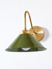 Olive Green and Brass modern cone wall sconce. Farmhouse style wall light for bookcases, bathrooms, and more.  Modern traditional or industrial style wall sconce that adds color. 