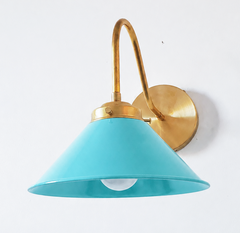 Poolside and Brass modern cone wall sconce. Farmhouse style wall light for bookcases, bathrooms, and more.  Modern traditional or industrial style wall sconce that adds color. 