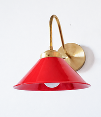 Red and Brass modern cone wall sconce. Farmhouse style wall light for bookcases, bathrooms, and more.  Modern traditional or industrial style wall sconce that adds color. 