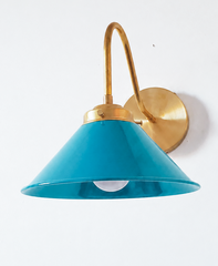 Teal and Brass modern cone wall sconce. Farmhouse style wall light for bookcases, bathrooms, and more.  Modern traditional or industrial style wall sconce that adds color. 