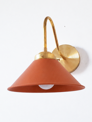 Terra Cotta and Brass modern cone wall sconce. Farmhouse style wall light for bookcases, bathrooms, and more. 