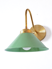 Vista Green and Brass modern cone wall sconce. Farmhouse style wall light for bookcases, bathrooms, and more. 