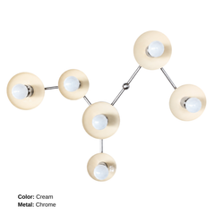 Virgo customizable six-light wall sconce shaped like the Virgo zodiac constellation, with Cream circular shades, exposed globe bulbs, and branching Chrome hardware. A functional sculptural light inspired by astrology.