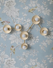 Blue botanical bird wallpaper pairs traditional Chinoiserie-inspired pattern with the modern geometry of the Virgo sculptural wall sconce. Finished in Cream with warm Brass hardware, its six globe bulbs and round concave shades map the Virgo zodiac constellation across the wall. The combination offers elegant wallpaper inspiration, celestial decor, and statement lighting for traditional, transitional, grandmillennial, or eclectic interiors. Explore customizable wall lighting from Sazerac Stitches.