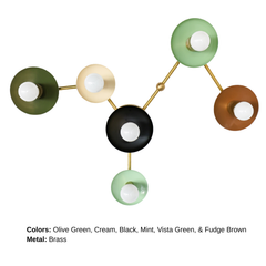 Virgo customizable six-light wall sconce shaped like the Virgo zodiac constellation. Circular shades in Olive Green, Cream, Black, Mint, Vista Green, and Fudge Brown are connected by branching Brass hardware.