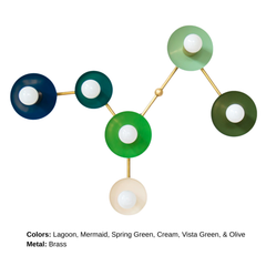 Virgo customizable six-light wall sconce shaped like the Virgo zodiac constellation. Circular shades in Lagoon, Mermaid, Spring Green, Cream, Vista Green, and Olive are connected by branching Brass hardware.