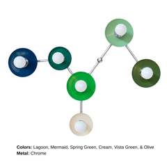 Front view of the Virgo, a customizable six-light sculptural wall sconce modeled after the Virgo zodiac constellation. Round disc shades in Lagoon, Mermaid, Spring Green, Cream, Vista Green, and Olive surround exposed globe bulbs connected by branching Chrome arms, creating colorful celestial statement lighting.